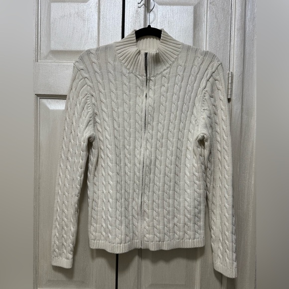 LL Bean Women's XL/P Cotton Cream Cable Knit Sweater Full Zip Cardigan - Picture 1 of 10